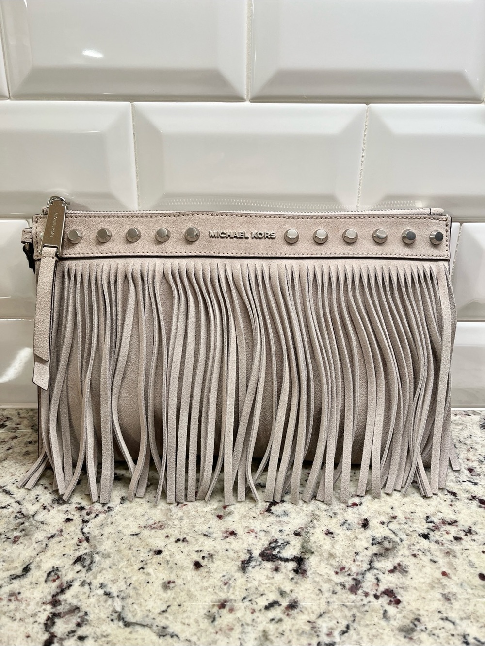 Michael Kors Cement XL Zip Clutch with Fringe NWT